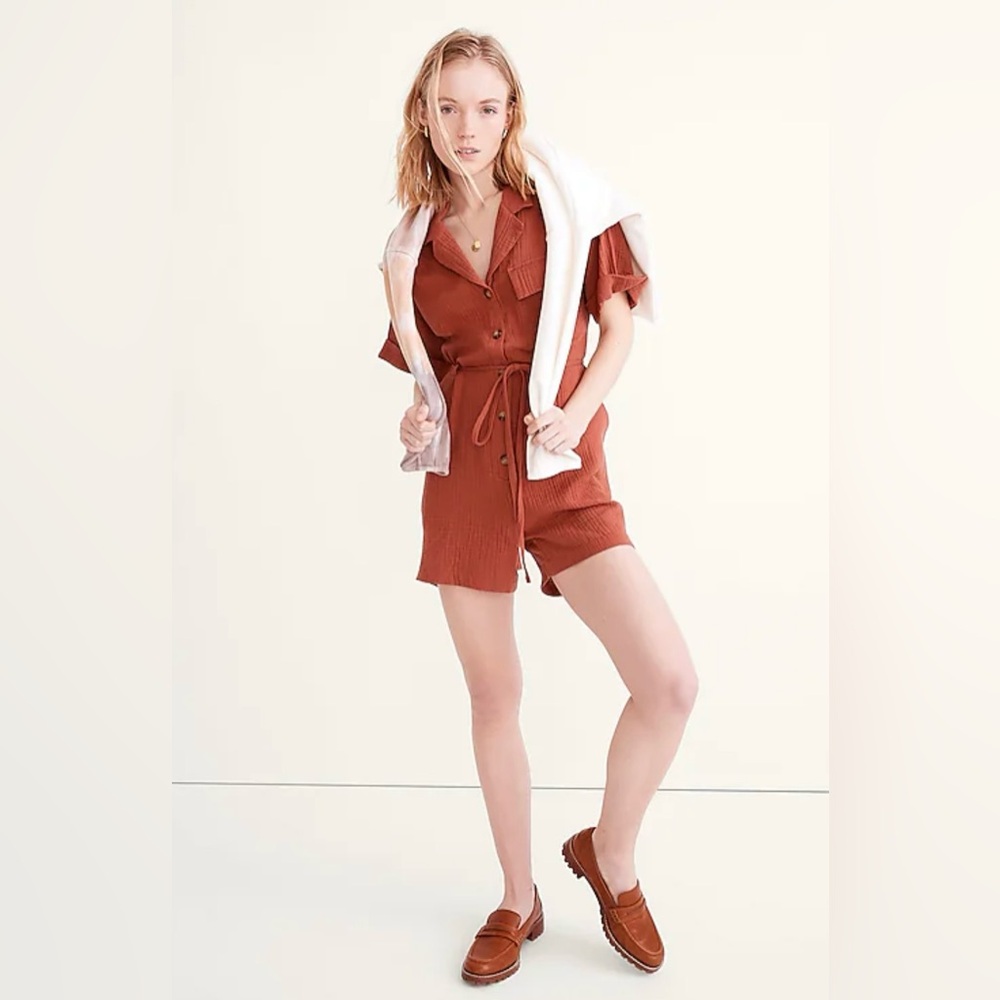 Madewell Lightspun Cotton Gauze Belted Safari Romper Weathered Brick Size Large‎